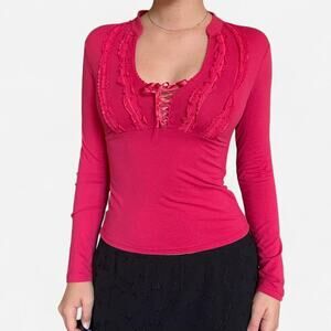 Pink lace up long sleeve top